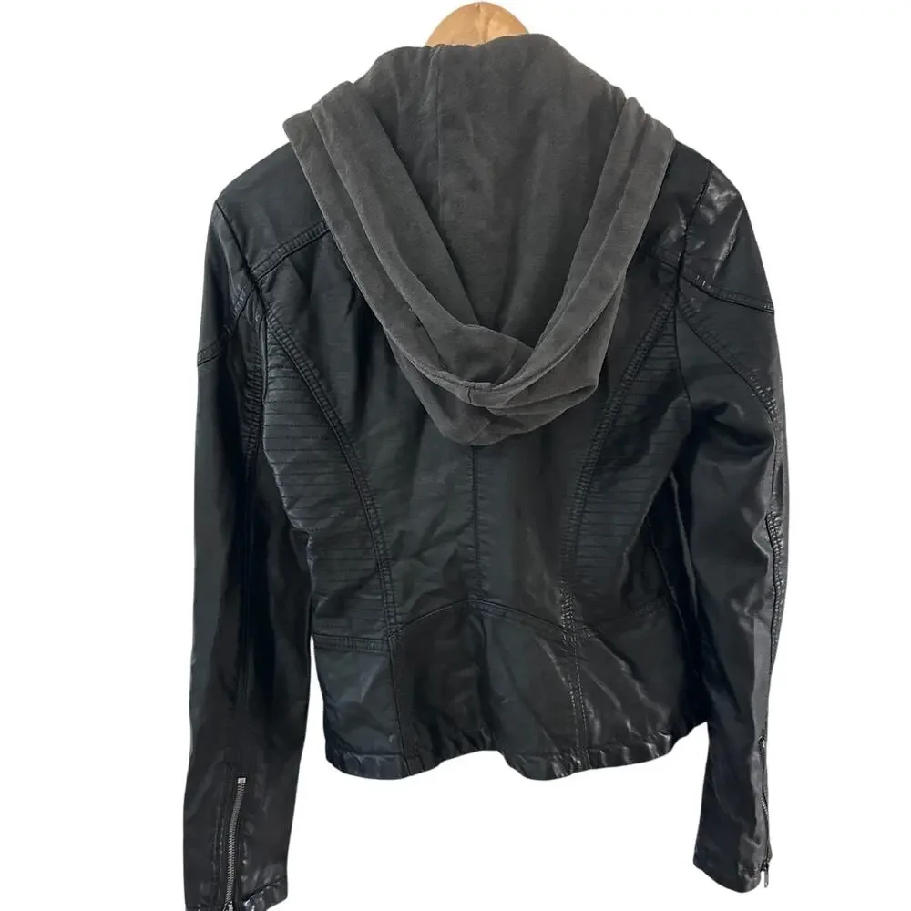 Free People Cleo Vegan Leather Moto Hooded Jacket‎ Black Size 8